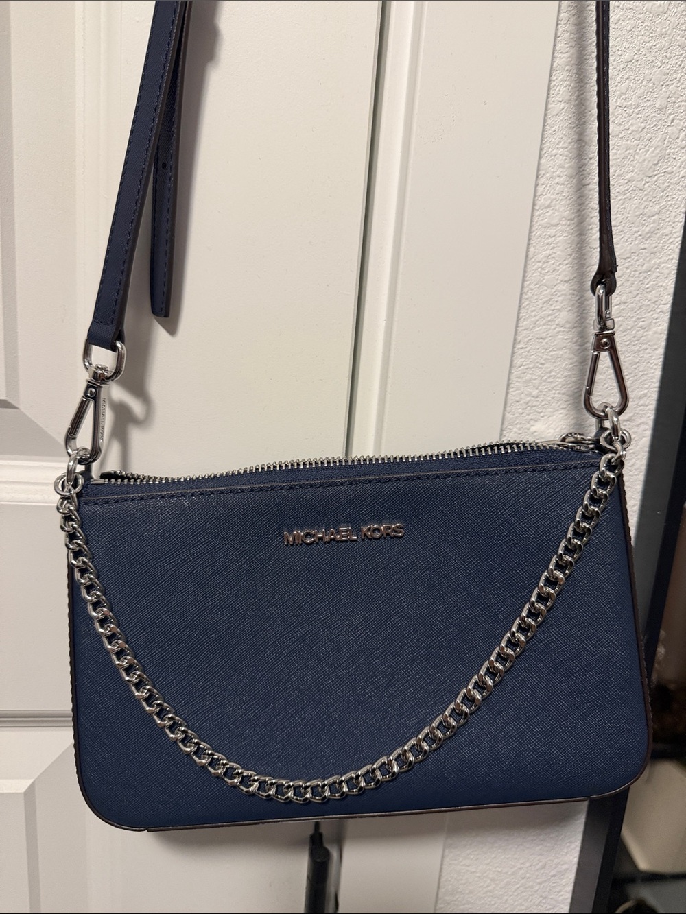 Michael Kors Navy Saffiano Crossbody with Chain Detail